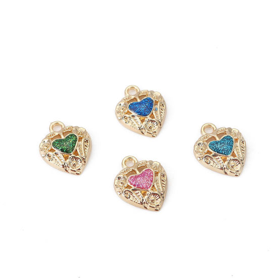 Bild von Zinklegierung Charms Herz Vergoldet Fuchsie Glitzert Emaille 18mm x 14mm, 10 Stück