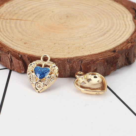 Bild von Zinklegierung Charms Herz Vergoldet Fuchsie Glitzert Emaille 18mm x 14mm, 10 Stück