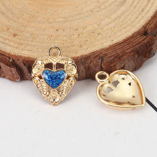 Bild von Zinklegierung Charms Herz Vergoldet Fuchsie Glitzert Emaille 18mm x 14mm, 10 Stück