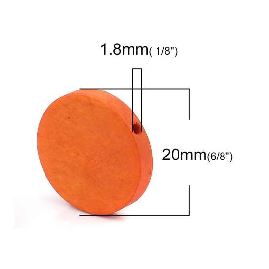 ウッド ビーズ フラットラウンド 橙赤色 約 20mm直径、 穴：約 1.8mm、 50 個 の画像