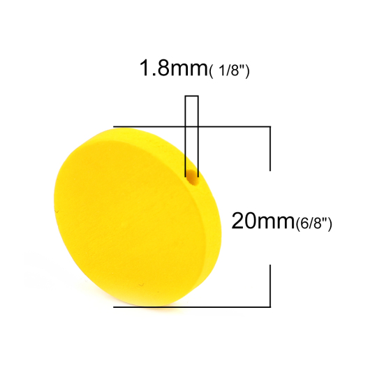 ウッド ビーズ フラットラウンド 黄色 約 20mm直径、 穴：約 1.8mm、 50 個 の画像