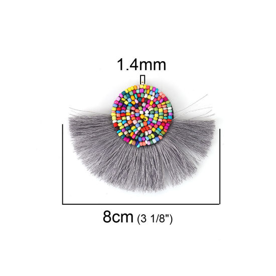 Image de Pendentifs en Verre & Coton Perles de Rocailles Gris Multicolore Franges Pompons Glands 10cm x 7.8cm, 2 Pcs