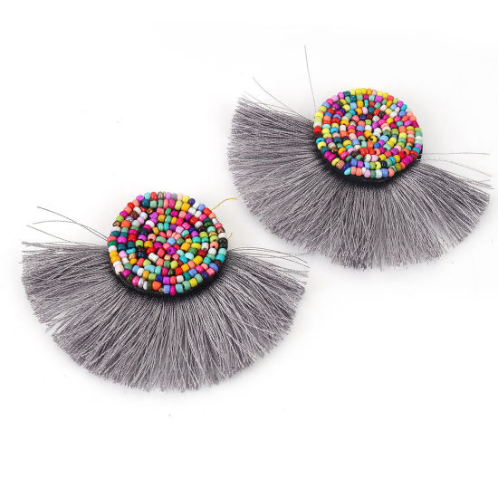 Image de Pendentifs en Verre & Coton Perles de Rocailles Gris Multicolore Franges Pompons Glands 10cm x 7.8cm, 2 Pcs