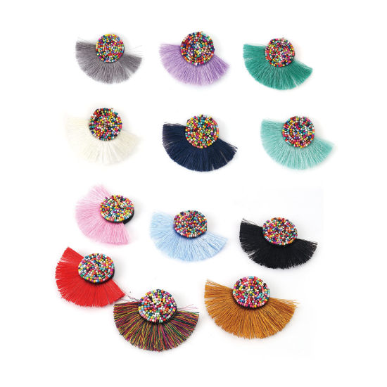 Image de Pendentifs en Verre & Coton Perles de Rocailles Gris Multicolore Franges Pompons Glands 10cm x 7.8cm, 2 Pcs