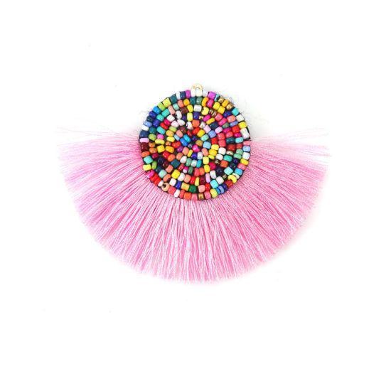 Image de Pendentifs en Verre & Coton Perles de Rocailles Gris Multicolore Franges Pompons Glands 10cm x 7.8cm, 2 Pcs