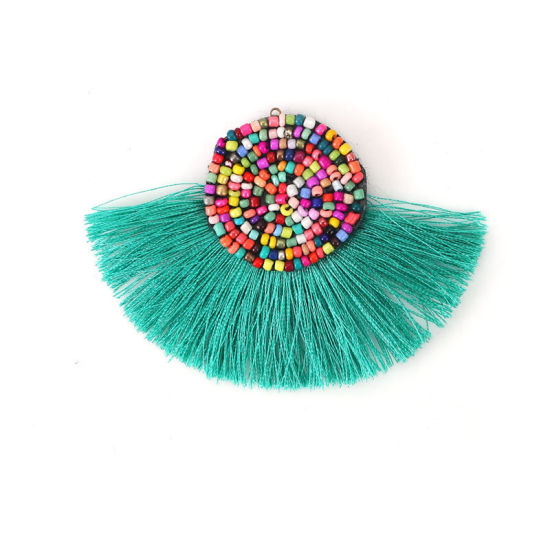Image de Pendentifs en Verre & Coton Perles de Rocailles Gris Multicolore Franges Pompons Glands 10cm x 7.8cm, 2 Pcs