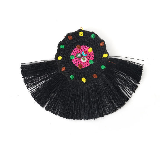 Image de Pendentifs en Verre & Coton Perles de Rocailles Multicolore Noir Franges Pompons Glands 10cm x 7.8cm, 2 Pcs