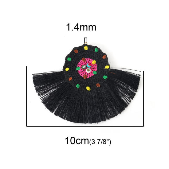 Image de Pendentifs en Verre & Coton Perles de Rocailles Multicolore Noir Franges Pompons Glands 10cm x 7.8cm, 2 Pcs