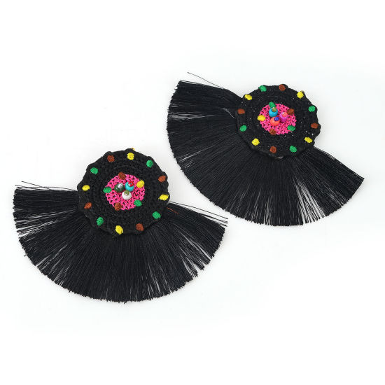 Image de Pendentifs en Verre & Coton Perles de Rocailles Multicolore Noir Franges Pompons Glands 10cm x 7.8cm, 2 Pcs