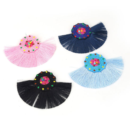 Image de Pendentifs en Verre & Coton Perles de Rocailles Multicolore Noir Franges Pompons Glands 10cm x 7.8cm, 2 Pcs