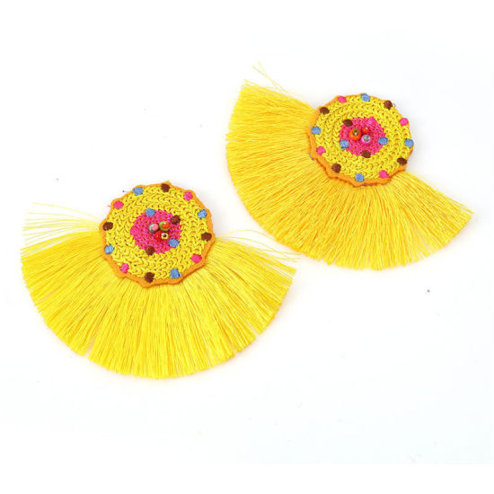 Image de Pendentifs en Verre & Coton Perles de Rocailles Multicolore Noir Franges Pompons Glands 10cm x 7.8cm, 2 Pcs