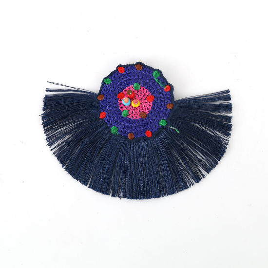 Image de Franges Pompons Glands en Verre & Coton Perles de Rocailles Bleu Foncé Multicolore Franges Pompons Glands 10cm x 7.8cm, 2 Pcs