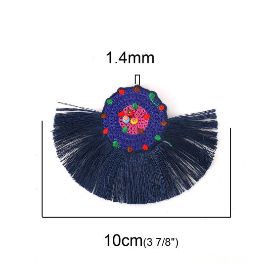 Image de Franges Pompons Glands en Verre & Coton Perles de Rocailles Bleu Foncé Multicolore Franges Pompons Glands 10cm x 7.8cm, 2 Pcs