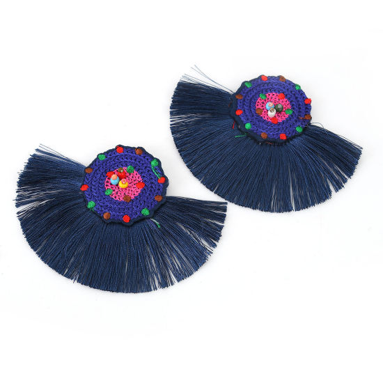 Image de Franges Pompons Glands en Verre & Coton Perles de Rocailles Bleu Foncé Multicolore Franges Pompons Glands 10cm x 7.8cm, 2 Pcs