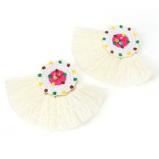 Image de Franges Pompons Glands en Verre & Coton Perles de Rocailles Bleu Foncé Multicolore Franges Pompons Glands 10cm x 7.8cm, 2 Pcs