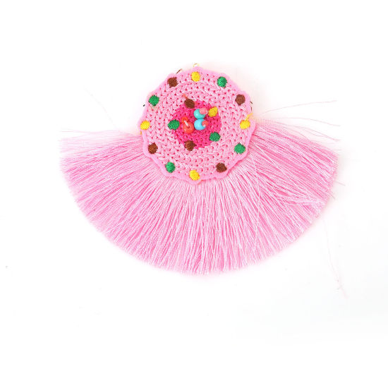 Image de Pendentifs en Verre & Coton Perles de Rocailles Multicolore Rose Franges Pompons Glands 10cm x 7.8cm, 2 Pcs