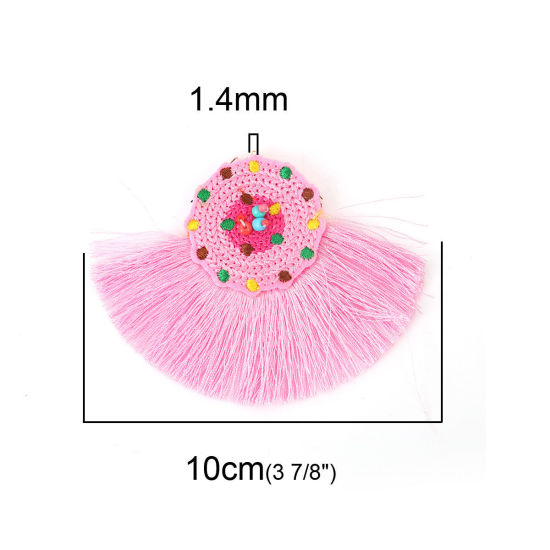 Image de Pendentifs en Verre & Coton Perles de Rocailles Multicolore Rose Franges Pompons Glands 10cm x 7.8cm, 2 Pcs