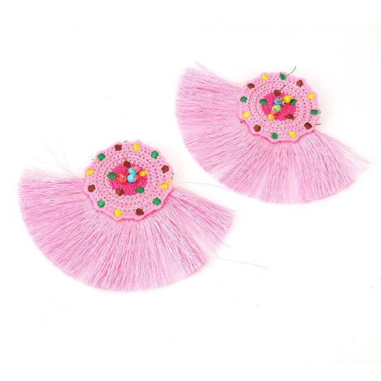 Image de Pendentifs en Verre & Coton Perles de Rocailles Multicolore Rose Franges Pompons Glands 10cm x 7.8cm, 2 Pcs