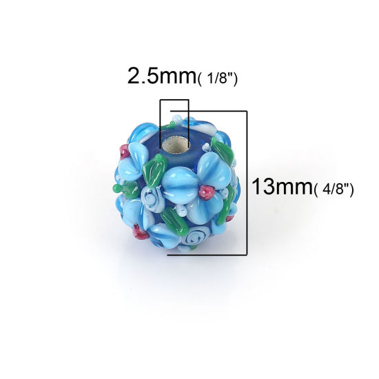 Bild von Muranoglas Blühende Blumen Perlen Rund Blau Blume Blätter ca 13mm x 13mm, Loch:ca. 2.5mm, 1 Stück
