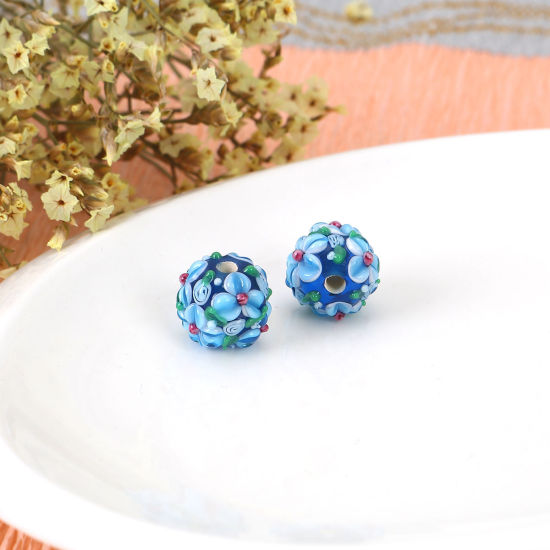 Bild von Muranoglas Blühende Blumen Perlen Rund Blau Blume Blätter ca 13mm x 13mm, Loch:ca. 2.5mm, 1 Stück