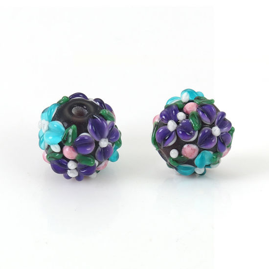 Bild von Muranoglas Blühende Blumen Perlen Rund Lila Blume Blätter ca 13mm x 13mm, Loch:ca. 2.5mm, 1 Stück