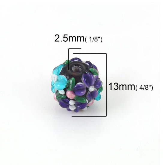 Bild von Muranoglas Blühende Blumen Perlen Rund Lila Blume Blätter ca 13mm x 13mm, Loch:ca. 2.5mm, 1 Stück