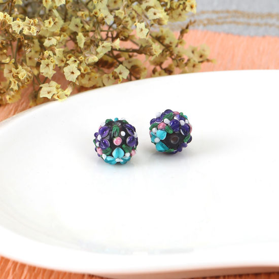 Bild von Muranoglas Blühende Blumen Perlen Rund Lila Blume Blätter ca 13mm x 13mm, Loch:ca. 2.5mm, 1 Stück