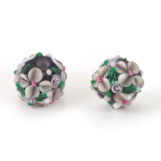 Bild von Muranoglas Blühende Blumen Perlen Rund Bunt Blume Blätter ca 13mm x 13mm, Loch:ca. 2.5mm, 1 Stück