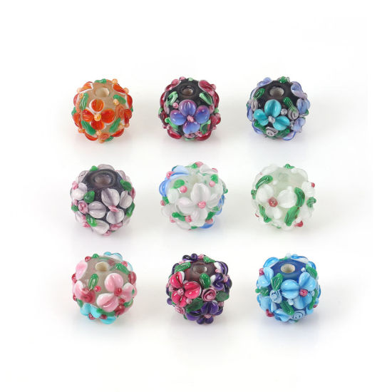 Bild von Muranoglas Blühende Blumen Perlen Rund Bunt Blume Blätter ca 13mm x 13mm, Loch:ca. 2.5mm, 1 Stück