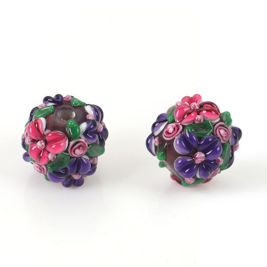 Bild von Muranoglas Blühende Blumen Perlen Rund Lila Blume Blätter ca 13mm x 13mm, Loch:ca. 2.5mm, 1 Stück