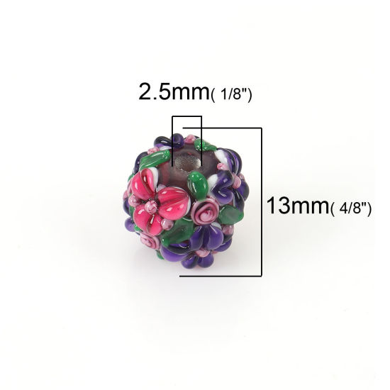 Bild von Muranoglas Blühende Blumen Perlen Rund Lila Blume Blätter ca 13mm x 13mm, Loch:ca. 2.5mm, 1 Stück