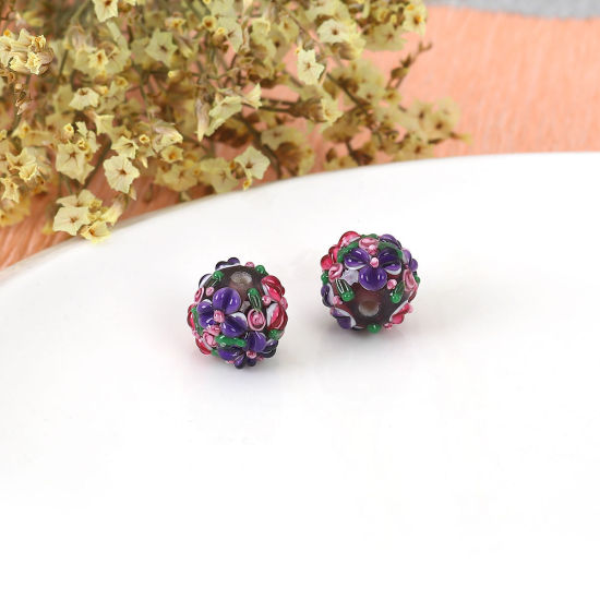 Bild von Muranoglas Blühende Blumen Perlen Rund Lila Blume Blätter ca 13mm x 13mm, Loch:ca. 2.5mm, 1 Stück