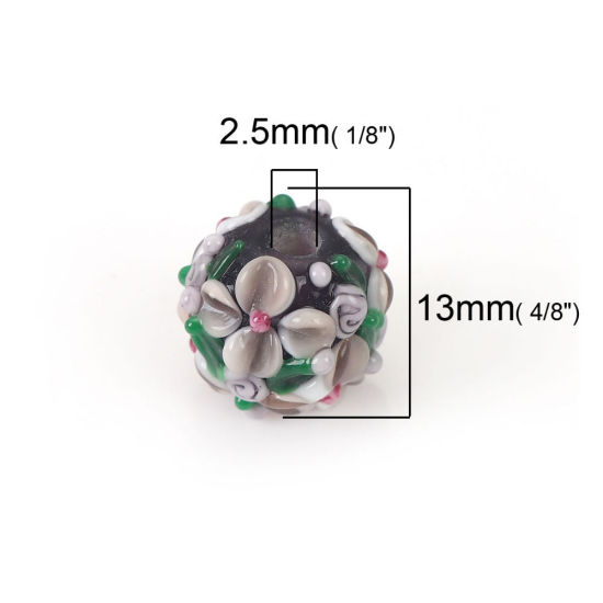 Bild von Muranoglas Blühende Blumen Perlen Rund Lila Blume Blätter ca 13mm x 13mm, Loch:ca. 2.5mm, 1 Stück