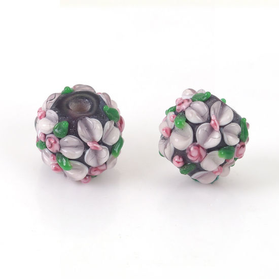 Bild von Muranoglas Blühende Blumen Perlen Rund Rosa Blume Blätter ca 13mm x 13mm, Loch:ca. 2.5mm, 1 Stück