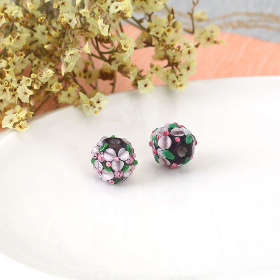 Bild von Muranoglas Blühende Blumen Perlen Rund Rosa Blume Blätter ca 13mm x 13mm, Loch:ca. 2.5mm, 1 Stück