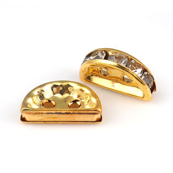Imagen de Hierro Cuentas Medio Círculo Chapado en Oro Transparente Rhinestone 13mm x 7mm, Agujero: Aprox 1.6mm, 50 Unidades