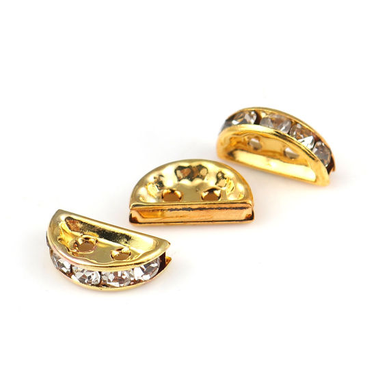 Imagen de Hierro Cuentas Medio Círculo Chapado en Oro Transparente Rhinestone 13mm x 7mm, Agujero: Aprox 1.6mm, 50 Unidades