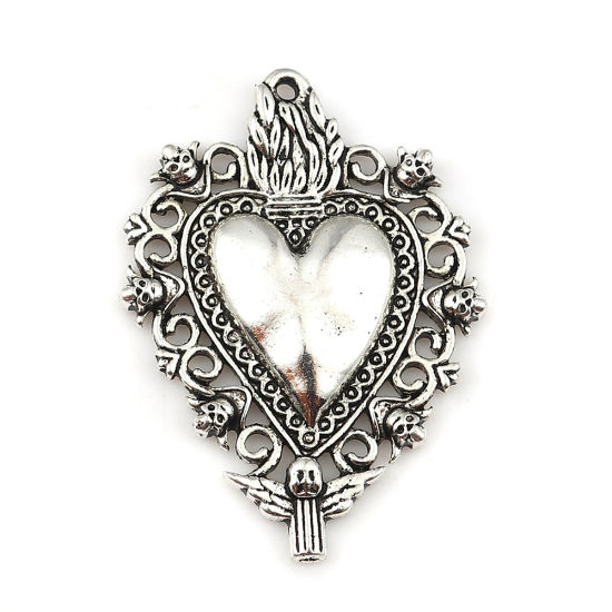 Bild von Zinklegierung Anhänger Ex Voto Herz Antiksilber Engel 41mm x 28mm, 5 Stück
