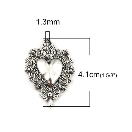 Bild von Zinklegierung Anhänger Ex Voto Herz Antiksilber Engel 41mm x 28mm, 5 Stück