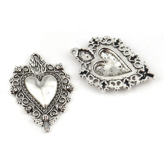 Bild von Zinklegierung Anhänger Ex Voto Herz Antiksilber Engel 41mm x 28mm, 5 Stück