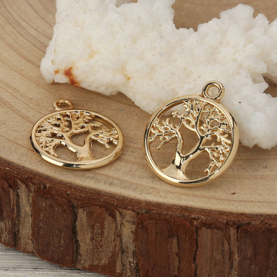 Imagen de Zamak Colgantes Charms Ronda Chapado en Oro Árbol 19mm x 16mm, 10 Unidades