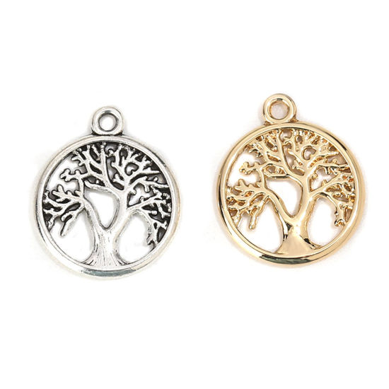 Imagen de Zamak Colgantes Charms Ronda Chapado en Oro Árbol 19mm x 16mm, 10 Unidades