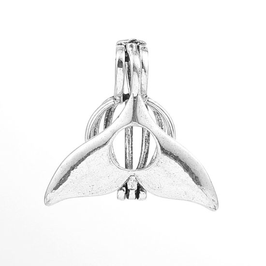 Picture of Brass Wish Pearl Locket Jewelry Pendants Whale Tail Antique Silver Color Can Open (Fit Bead Size: 8mm) 23mm( 7/8") x 23mm( 7/8"), 2 PCs