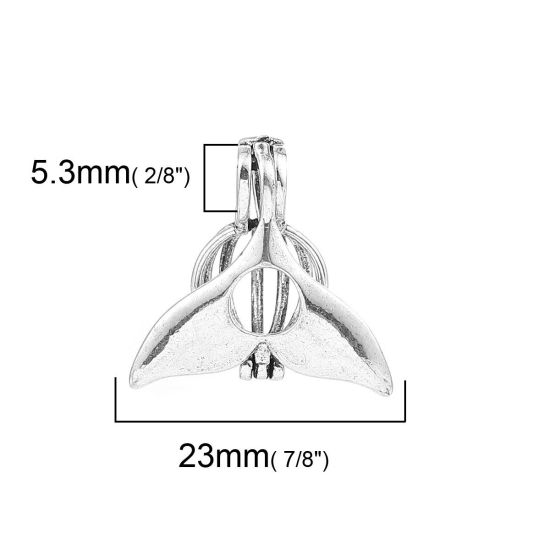 Picture of Brass Wish Pearl Locket Jewelry Pendants Whale Tail Antique Silver Color Can Open (Fit Bead Size: 8mm) 23mm( 7/8") x 23mm( 7/8"), 2 PCs