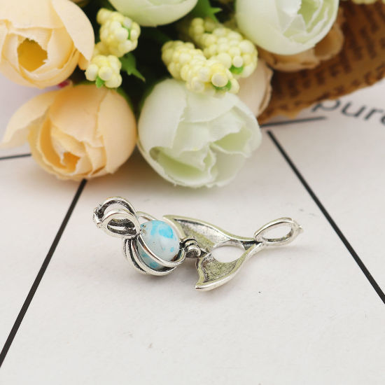 Picture of Brass Wish Pearl Locket Jewelry Pendants Whale Tail Antique Silver Color Can Open (Fit Bead Size: 8mm) 23mm( 7/8") x 23mm( 7/8"), 2 PCs