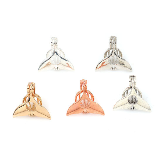Picture of Brass Wish Pearl Locket Jewelry Pendants Whale Tail Antique Silver Color Can Open (Fit Bead Size: 8mm) 23mm( 7/8") x 23mm( 7/8"), 2 PCs