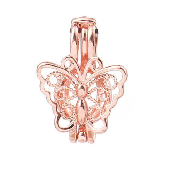 Picture of Brass Wish Pearl Locket Jewelry Pendants Butterfly Animal Rose Gold Can Open (Fit Bead Size: 6mm) 21mm( 7/8") x 15mm( 5/8"), 2 PCs