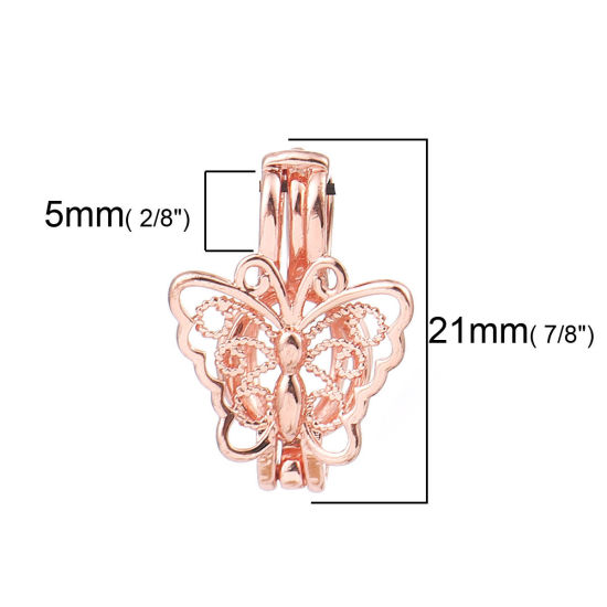 Picture of Brass Wish Pearl Locket Jewelry Pendants Butterfly Animal Rose Gold Can Open (Fit Bead Size: 6mm) 21mm( 7/8") x 15mm( 5/8"), 2 PCs