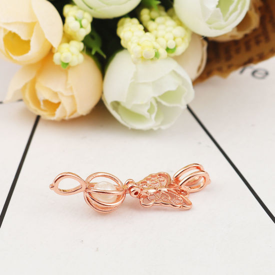 Picture of Brass Wish Pearl Locket Jewelry Pendants Butterfly Animal Rose Gold Can Open (Fit Bead Size: 6mm) 21mm( 7/8") x 15mm( 5/8"), 2 PCs