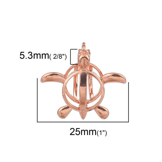 Picture of Brass Wish Pearl Locket Jewelry Pendants Sea Turtle Animal Rose Gold Can Open (Fit Bead Size: 8mm) 25mm(1") x 22mm( 7/8"), 2 PCs